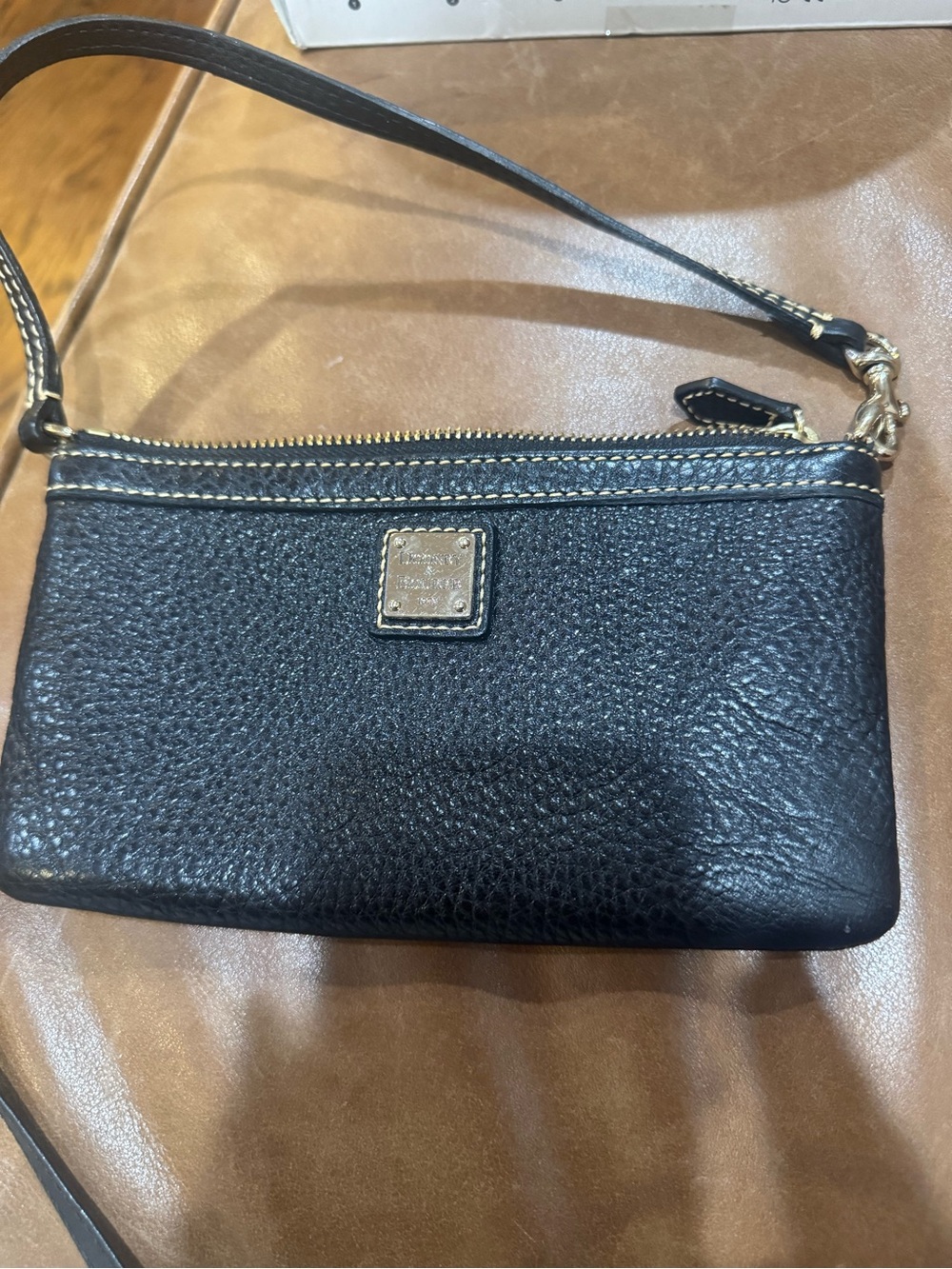 Dooney & Bourke Black Pebbled Leather Wristlet Clutch with Gold Hardware